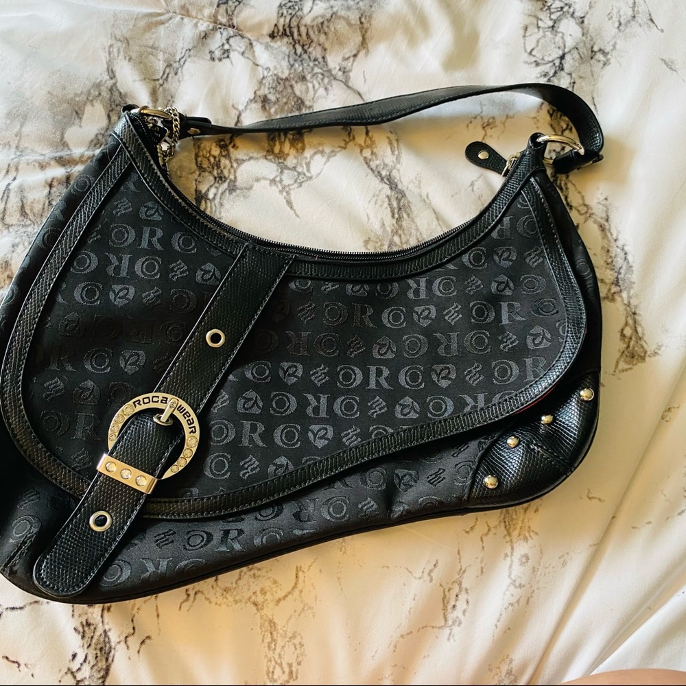 Roca Wear Black Canvas Logo Saddle Shoulder Bag